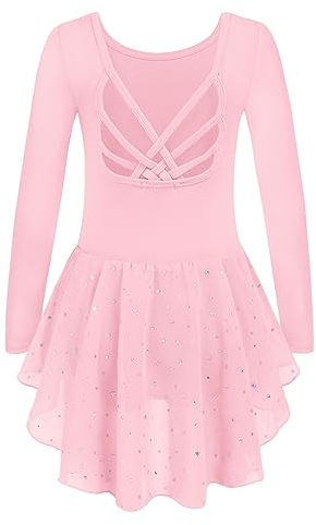 Arshiner Vêtements de Ballet Filles Enfants en Coton - Robe de Danse à Manches Longues Justaucorps Rose avec Tutu Ballerine 5-6 Ans
