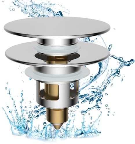 Hibbent All Metal 2 in 1 Bathroom Sink Stopper, Universal Pop Up Drain Strainer, Brass Bullet Core Push Type Sink Stopper for 1.1''~2.3'' Basin, Big Push Button, Anti Clogging Drain Filter, Chrome