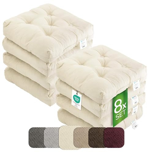 etérea Sitzkissen 42x42 cm 8er Set - Creme 8 cm hoch - Bodenkissen für Indoor, Outdoor, Küche, Garten, Auflage - Heidi Stuhlauflage - 8 Stück Stuhlkissen 40x40 cm Creme