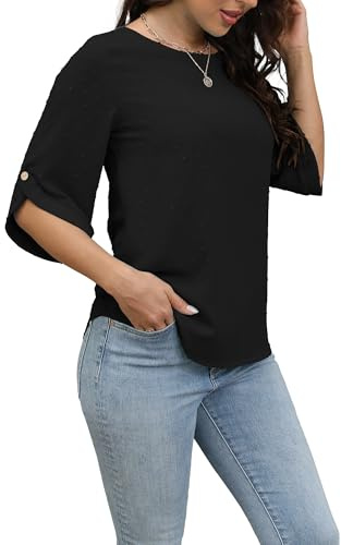 Oneezit Camicette Estive Donna con Maniche 3/4 T-Shirt Casual Moda Scollo Rotondo Manica Corta Blusa Nero M