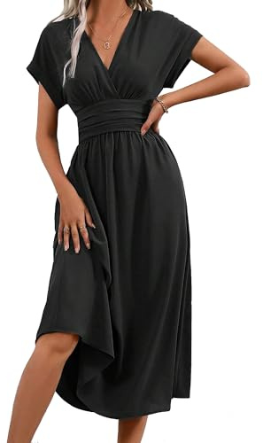 QUNERY Robe Longue Femme Ete Elégante Robes de Plage Manches Courtes V Taille Haute Unie Maxi Dress Casual et Chic Noir XXL