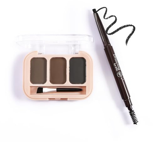 Boobeen Polvo para cejas de 3 colores y lápiz de cejas de doble punta con pincel angular，Microblading lápiz de cejas con pincel en espiral，Crea cejas 3D durante todo el día