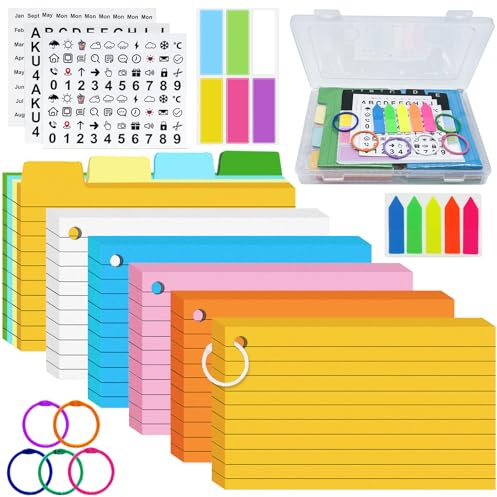 Celepoir A7 Caja para Tarjetas Flashcards, 20,5x13,6x3cm Tarjetas de Índice, incluye 350 Flash Cards Colores, 100 Indices Flecha, 5 A-E Separadores, 6 Anillas, 4 Pegatinas, para Aprendizaje, Trabajo