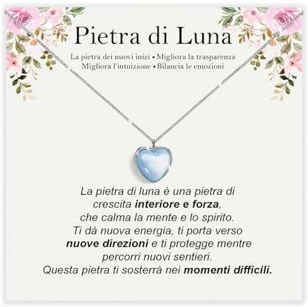Bramart Collana Pietra di Luna naturale Regali per lei Idea Regalo per Ragazza Natale Compleanno Collane Figlia Mamma Sorella Argento Oro – Cofanetto DEDICA incluso (Cuore pietra di luna argento)