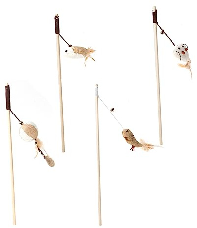 TOYANDONA 4pièces Bâtonnets à Chat avec Manche Bois Jouets Flirt pour Chat Pendentif Peluche Plumes Jouet Éveil Clochette Jeu Interactif Maison Styles
