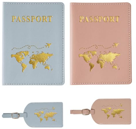 4 Protege Passeport et Etiquette Valise Set, Voyage Francais Etui Passeport, Protège avec Bloqueur RFID, Cartes d'embarquement, Carte de crédit, Carte de Visite, pour Hommes et Femmes(Bleu, Rose)