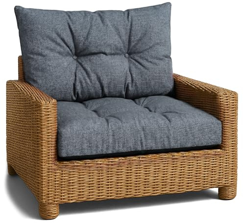Utomhusdyna för trädgård Set: sittdyna 70x70 cm och ryggkudde 40x70 cm – lounge för rottingmöbler fåtölj bänk balkong altan – vattenavvisande vadderad överdrag sits tjock mjuk Jeansfärg Eko Linne