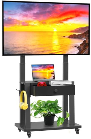 Meuble TV à roulettes avec tiroir en Tissu pour écrans Plats/incurvés de 32 à 75 Pouces, Hauteur réglable, LCD/LED/OLED avec Espace de Rangement, Chariot TV Mobile sur roulettes jusqu'à 100 kg