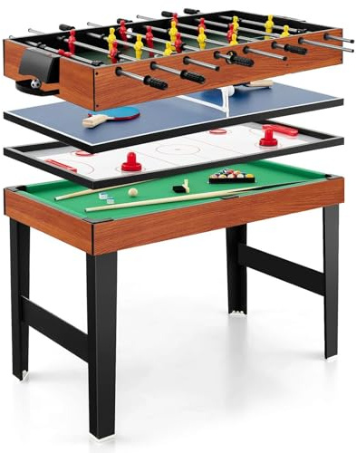 COSTWAY Multi Spieltisch, 4 in 1 Tischkicker mit Billard, Hockey, Tischtennis, Multifunktionstisch Tischfußball mit Zubehör, Kickertisch für Spielzimmer, Party, Bars, 125 x 97 x 83 cm (Natur)