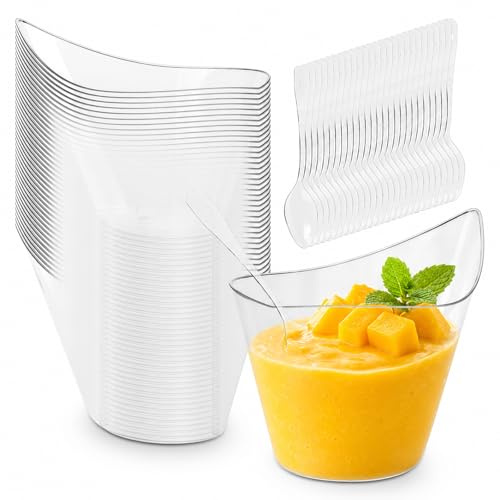 Nimblyne 50 stycken dessertkoppar i plast, 210 ml hårdplast dessertkoppar plast, böjda runda dessertkoppar, återanvändbara dessertskålar för fester och desserttillfällen (transparent)