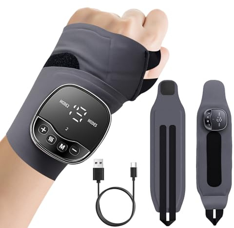 Masseur de Poignet EMS Sans Fil avec 3 Niveaux de Chaleur, 8 Modes de Massage et 19 Intensités, Soulage la Tendinite et le Syndrome du Canal Carpien, Rechargeable par USB C