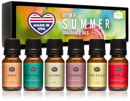 P&J Trading Summer Set of 6 Fragrance Oils - Peach, Strawberry, Plumeria, Coconut, Ocean Breeze, Pina Colada Candle Scents, Soapmaking, Diffuser Oil