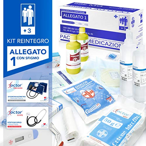 AIESI® kit di reintegro ALLEGATO 1 CON SFIGMOMANOMETRO pacco medicazione per cassetta armadietto di pronto soccorso aziende più 3 dipendenti, Conforme DM388/DL81, Made in Italy