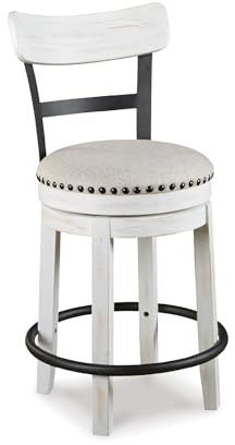 Signature Design by Ashley Valebeck | Modern Swivel 24.5 Counter Height Barstool – Rustic-Industrial Whitewash, Upholstered Cushion, 360° Swivel, Nailhead Trim