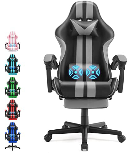 Ferghana Grey Gaming Chairs with Footrest,PC Gaming Chair,Computer Chair, E-Sports Chair,Ergonomic Office Chair with Adjustable Headrest and Lumbar Support(Grey)