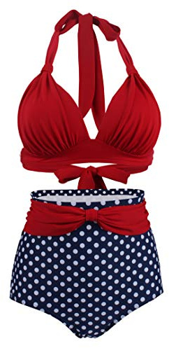 Bslingerie® Women Halter Retro High Waisted Bikini Swimsuit 2 Pcs Set (Red, XL)