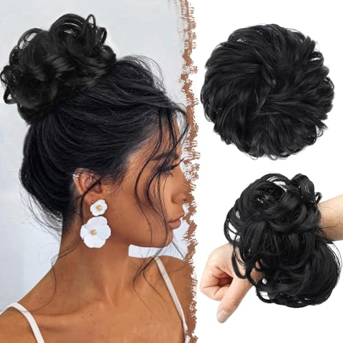 FESHFEN Chignon Finto per Capelli, Nero Elastici Chignon Finti Sintetica Ondulato Capelli Naturale Coda di Cavallo Posticci per Capelli Spessi Updo per Donne Ragazze, 55g