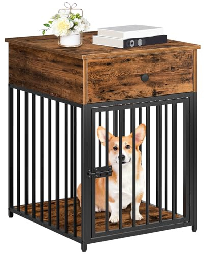 HOOBRO Dog Crate Furniture, Wooden Dog House, Decorative Dog Kennel with Drawer, Indoor Pet Crate End Table for Small Dog, Steel-Tube Puppy Cage, Chew-Proof, Rustic Brown and Black BF01GW03