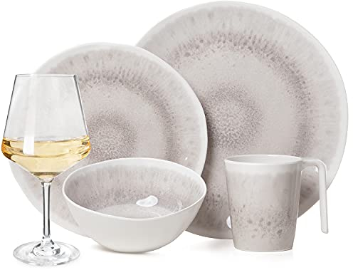 Vaisselle de camping en mélamine pour 4 personnes - Design enclume - 16 pièces + 4 verres à vin Milano - Blanc