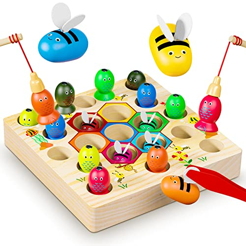 COOLJOYA Magnetische Angelspiel ab 3 Jahre | Montessori Spielzeug 2 in 1 Baby Holzspielzeug | Motorikspielzeug Fische Angeln Spiel 1 Set 3 4 Jahre Mädchen Junge Geschenke für Kinder(Patentschutz)