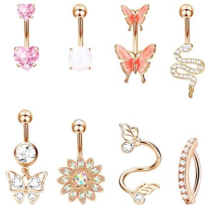 Dochais Bauchnabelpiercing Set - 8 Stück Edelstahl, Rosegold, CZ, 10mm Stablänge, Herz Schmetterling für Damen Männer 14G