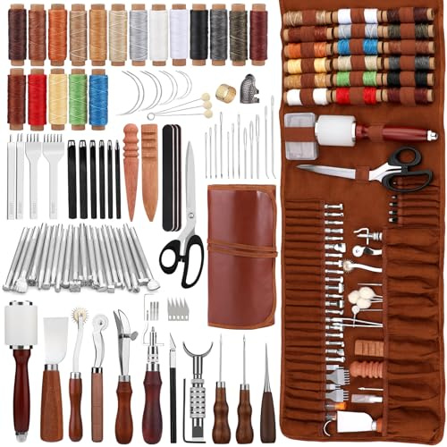 Benlay Set di Attrezzi in Pelle Con Custodia e Manuale - Utensili per Lavorazione e Artigianato Con Punteruolo, Punzonatrice per Cucito, Filo