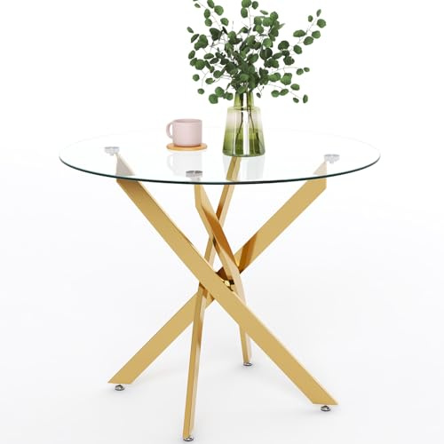 GOLDFAN Round Glass Dining Table Modern Kitchen Table with Gold Metal Legs for Dining Room (80cm-Gold)