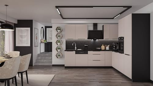 Winkelküche Arona 280x270 cm Küchenzeile Eckküche Küche Kaschmir beige + Schwarz