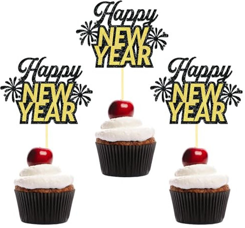 Nouvel An Decoration Cupcake Topper, 2026 Happy New Year Decoration de Gâteau,Bonne Année Cake Topper Deco pour la Fête Nouvel An (Noir et Or)