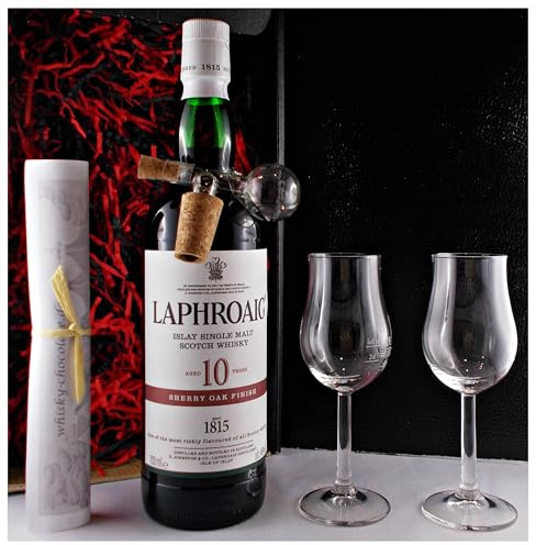 Geschenk Laphroaig 10 Jahre sherry oak Islay Single Malt Whisky + Glaskugelportionierer + 2 Bugatti Gläser