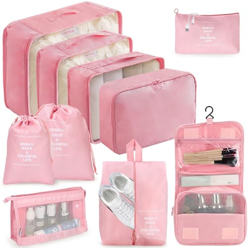 Resväskearrangör, packkuber, resväskorganiseringsset 10 delar, bagageorganisatör vattentät, packkuber, med packpåsar, klädväskor, kosmetikväska, skoväska, arrangör resväska (Rosa)