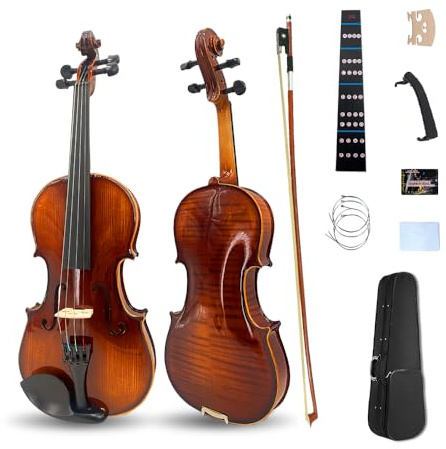Vetimobato Handmade 3/4 Violin Set - Solid Spruce Top Flame Maple Back & Sides Ebony Fittings Complete Kit with Case Bow Shoulder Rest Strings for Beginners to Intermediate Players (3/4)