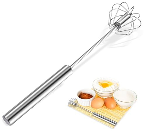 Dmikcav Batidor de huevos de acero inoxidable, batidora de mano de 12 pulgadas, batidor semiautomático mejorado, ideal para mezclar, batir, herramienta de hornear, batir huevos, mantequilla y leche