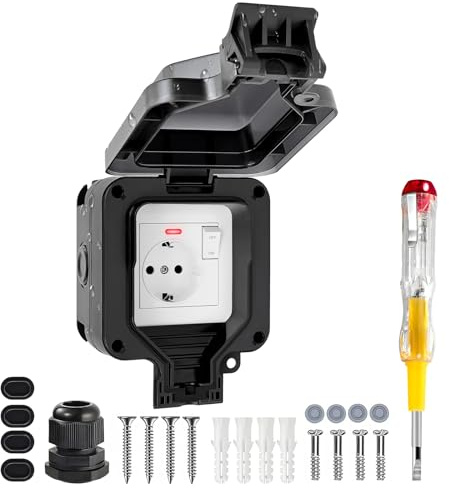 Prise Extérieure Étanche IP66 avec Interrupteur et Témoin Lumineux LED, Résistante aux Intempéries, pour Jardin, Terrasse et Zones Humides, Fixation Murale (Noir)