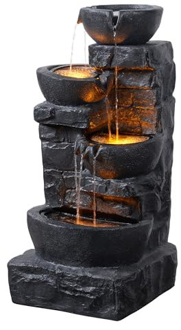 Teamson Home Fontaine Rustique 4 Niveaux Cascade exterieure LED Debit reglable Pierres empilees Gris Fonce