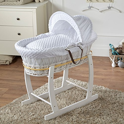 For Your Little One Wicker Moses Basket with Deluxe Rocking Stand, 83 x 49 cm, Hand-woven Natural, Hypoallergenic Mattress White Wicker/Dimple Pattern (White)