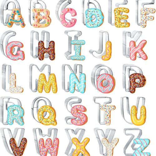 Juego de 26 cortadores de galletas con letras de la A a la Z, de acero inoxidable, para fondant, galletas, pasteles, sándwiches, accesorios para hornear cumpleaños y fiestas