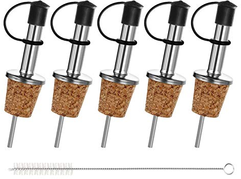 Incutex 5X beccucci per Bottiglia e 1x Spazzola per Pulizia, beccuccio di Sughero con Chiusura a Tappo in Gomma, beccuccio per Bottiglia, versatore, dosatore per liquori Vino aceto Olio