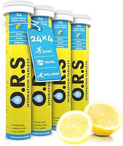 O.R.S Hydration Tablet with Electrolytes for Rehydration, Wellness, Travel, Sports & Recovery | Vegan, Gluten-Free & Low-Calorie Electrolyte Tablets with Natural Lemon Flavour, 96 Tablets