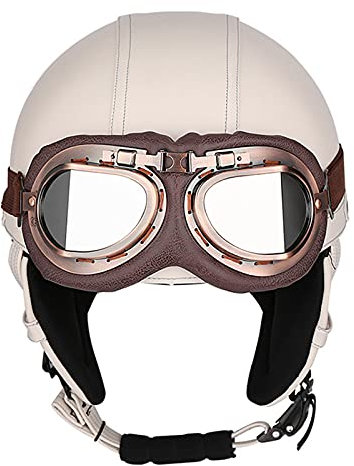 Retro Street Motorcykelhjälm för män och kvinnor Klassisk Vintage Open Face läder halvhjälm DOT/ECE-certifierad för moped Jet Scooter ATV (56-58cm),White,M