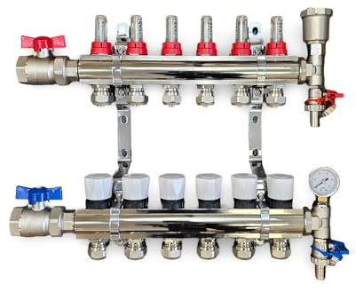 Wärmer System 6 Port Underfloor Heating Complete Manifold with Pipe Connections, Ball Valves, Automatic Air Vent and Pressure Gauge End Unit (15mm eurocones)
