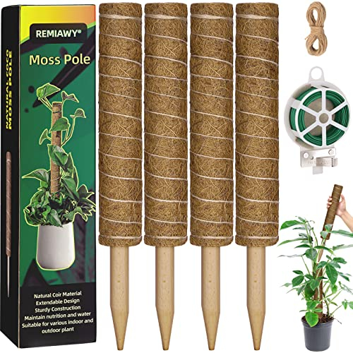 Moss Pole 56 Inch 142cm, 4 Pcs Moss Pole for Monstera, 45cm Coir Totem Pole Moss Stick for Climbing Plants Indoor Monstera Support Extension, Train Potted Creepers to Grow Upwards, 65 Feet Twist Tie