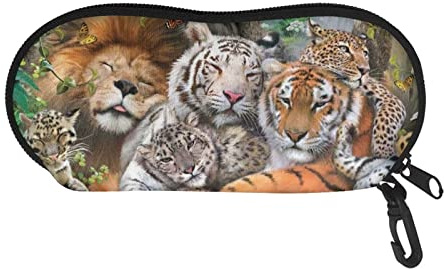 HUIACONG Lion Tiger Leopard Eyeglasses Cases Adorable Animal Print Sunglasses Travel Case with Zipper Glasses Case for Boy Girl Kids School Travel Organizer