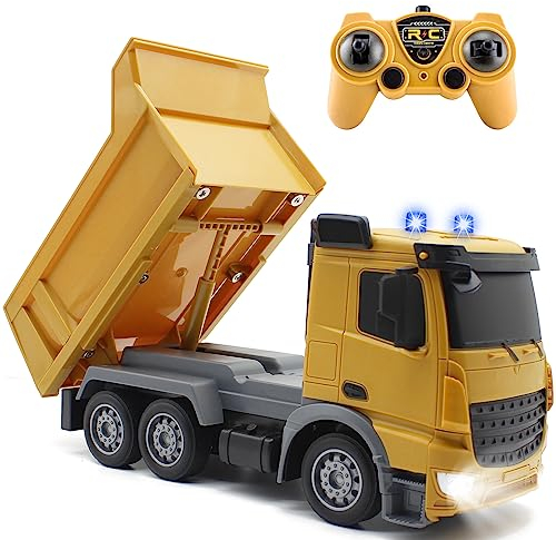 fisca Ferngesteuerter Muldenkipper, 7 Kanäle 2.4GHz voll Funktionsfähiger RC Dump Truck,1/24 RC Baufahrzeug Spielzeug mit Licht und Sound Geschenke für Jungen & Mädchen