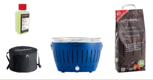 LotusGrill Classic Blu Starter-Set, 1 griglia, 1 carbone di faggio da 2,5 kg, 1 pasta combustibile da 200 ml, 1 borsa per il trasporto (Blue)