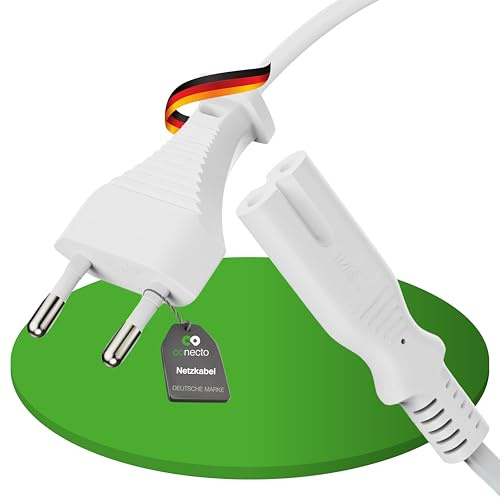conecto strömkabel, Euro rak kontakt till IEC C7-uttag, rak, Euro-strömkabel för hushållsapparater, 5,00 m, vit