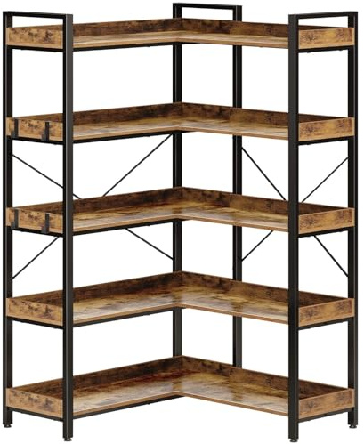 Rolanstar Bookshelf 5 Tier with 4 Hooks, Reversible Corner Bookshelf, 65 Industrial Wooden Bookcase with Open Shelves and Metal Frame for Living Room, Bedroom, Home Office, Rustic Brown