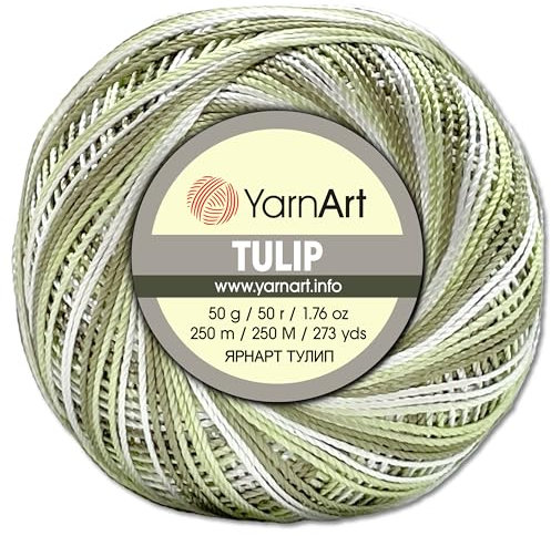 Frida's Wollhaus YarnArt 50 g Tulip Häkelgarn Filetgarn Mikrofaser glänzend seidig 49 Farben (451 | Weiß-khaki-grün)