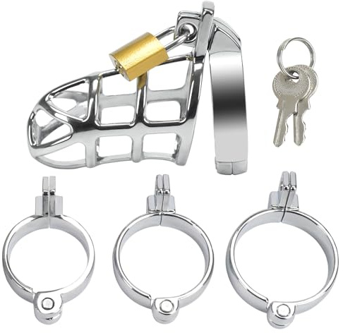 Male Chastity Device Cock Cage - COWINOE Zinc Alloy Chastity Device Locked Cage Sex Toy for Men with 3 Different Sizes Rings Adult Sex Toy for Male Penis Exercise 2 Keys Included | Silvery