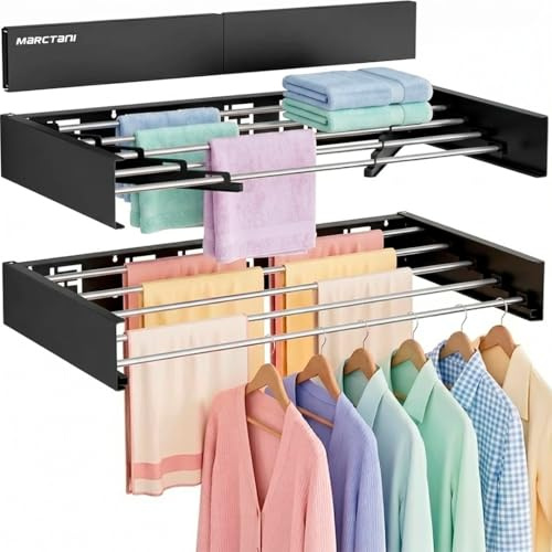 Marctani Tendedero Extensible Pared Ahorra Espacio - Tendederos Plegables ANTIOXIDANTES Interior o Exterior - Tendal Plegable Resistente 24 Pinzas - Tenderete de Ropa (Negro, 120 CM)